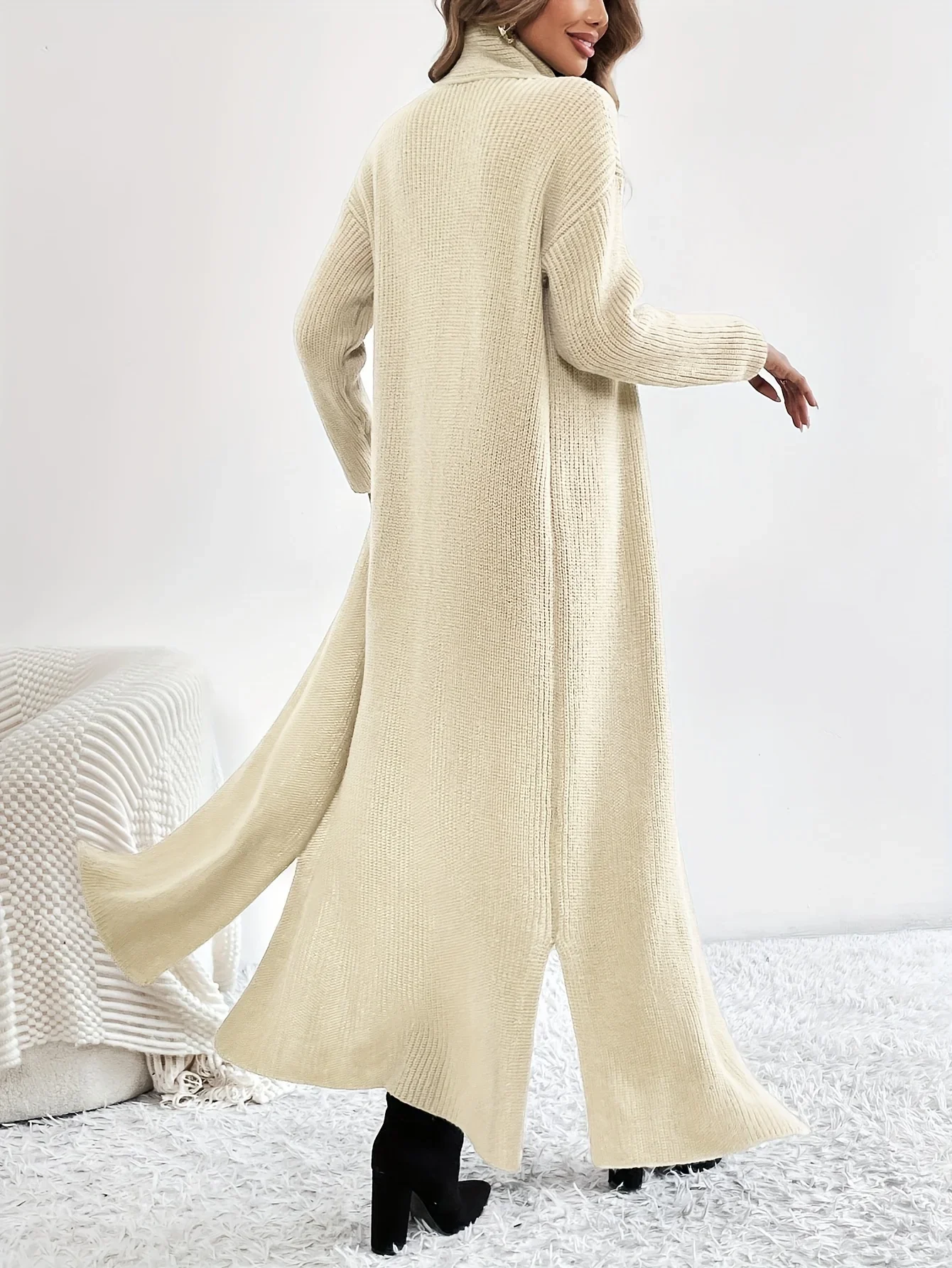 2024 Autumn Elegant Long Knitting Sweater Women High Neck with Split Hem For Female Winter Warm Turtleneck Pullovers Maxi Dress