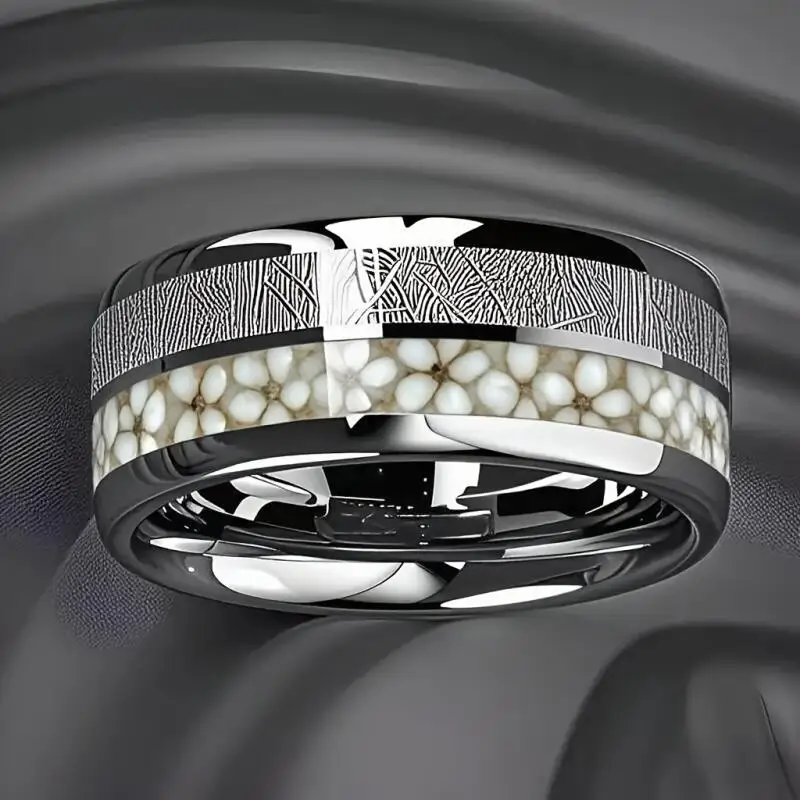 With Apricot Blossom & Meteorite Inlay Rings Fashion 8mm Silver Color Men Stainless Steel Ring for Men Women Wedding Jewelry