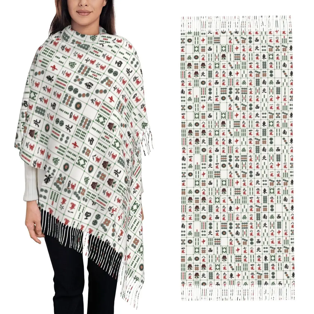 

Mahjong Tile Pattern Scarf Tassel Scarves Women Soft Warm Shawls and Wraps Long Fall Winter Shawl Wrap