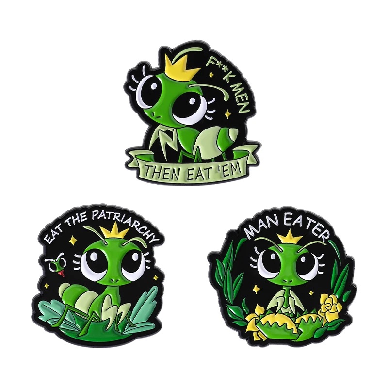 

Mantis Feminism Brooch Enamel Pins Custom Eat The Patriarchy Man Eater Brooches Decorate Clothes Lapel Badge Animal Jewelry Gift