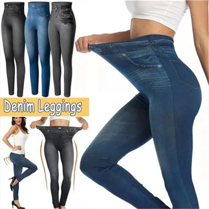 2024 Sexy Astic Imitatie Jeans Leggings Vrouwen Stretch Hoge Taille Broek Fitness Slim Push Up Leggings Voor Dames Zomer Rijbroek