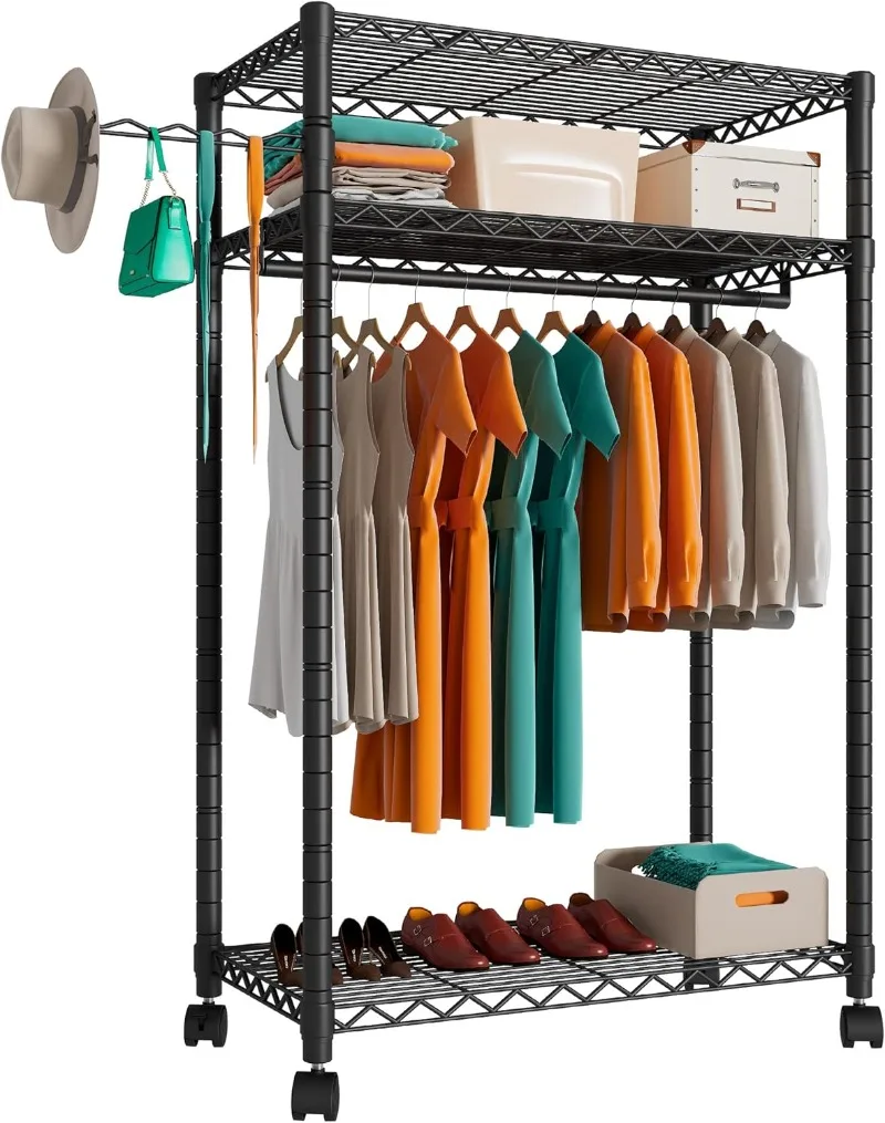 

Heavy Duty Rolling Garment Rack,Portable Clothes Rack for Hanging Clothes,Clothing Rack,Wardrobe Storage Rack with 3 Shelves,1 H