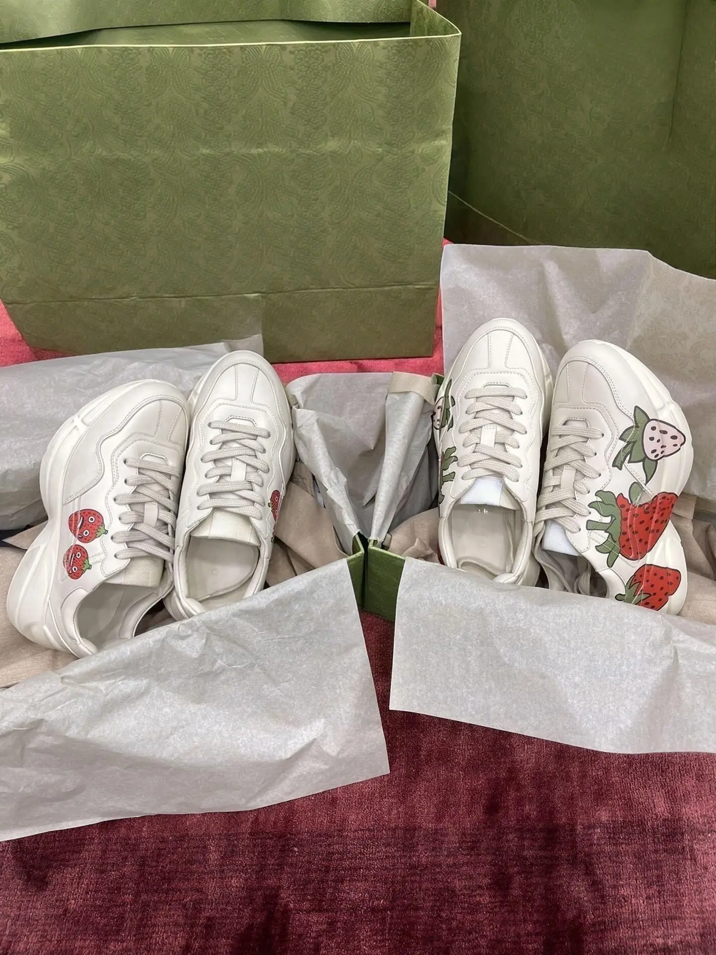 Unisex Cream Faux Leather Chunky Dad Sneakers, Strawberry Print Lace Up Low Top Thick Platform Sole Casual Walking Shoes