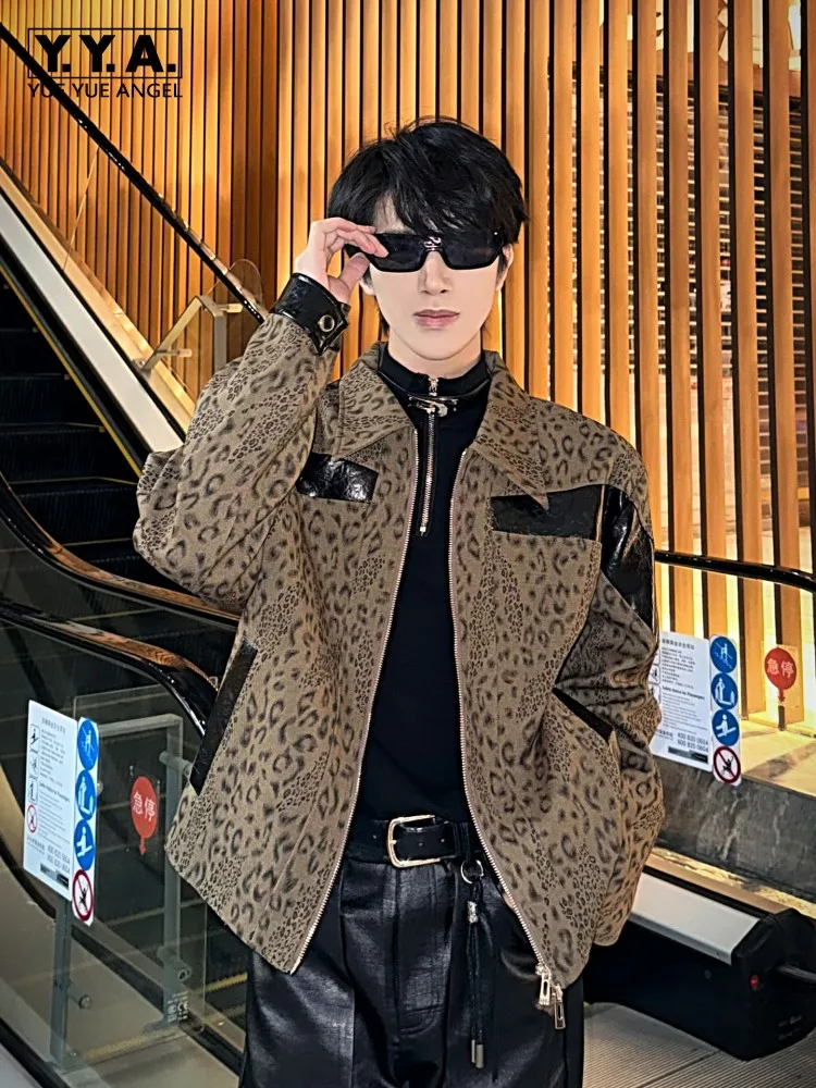 Men American Retro Leopard Print Jacket Turndown Collar Fashion Spliced Casual Outerwear High Street Loose Zipper Coats Hot Sale