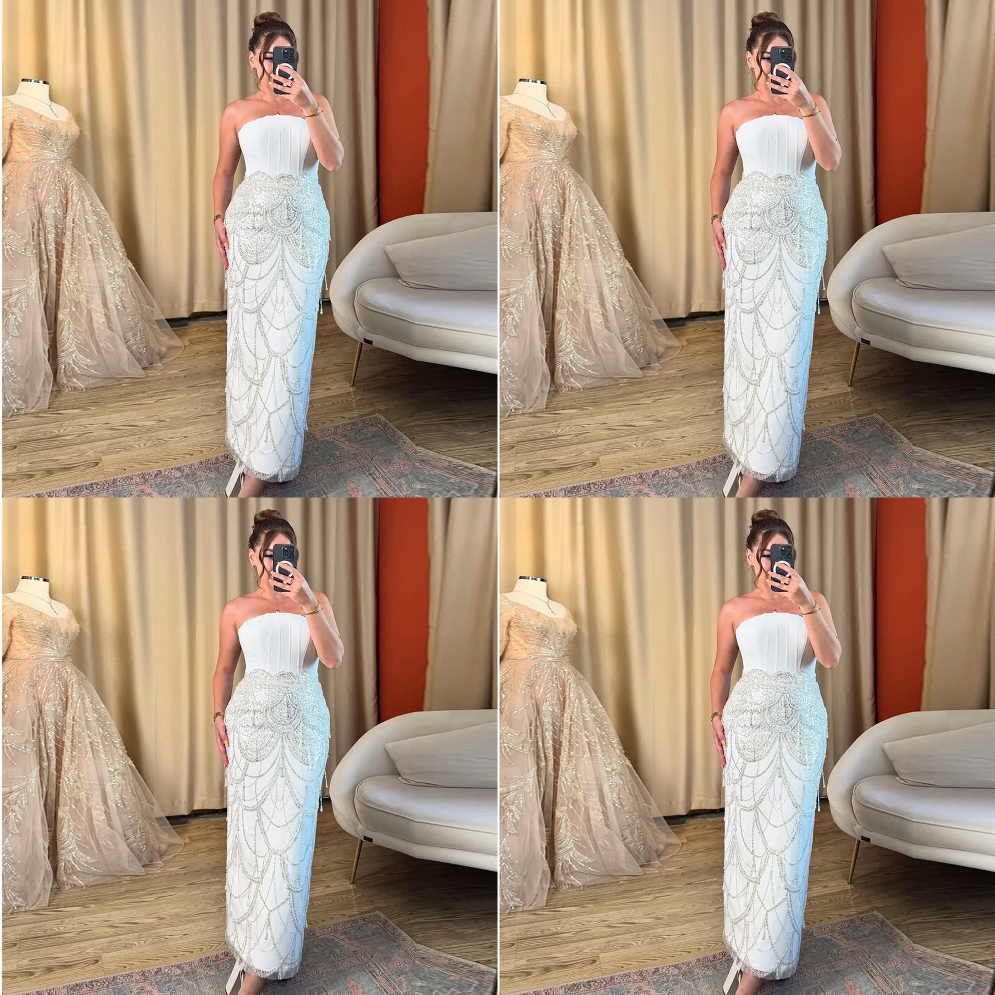 

Women's Sleeveless Satin Shiny Evening Dress Sheath Backless Long Beaded Saudi Arab Gown for Bridal Custom Made robe de soirée