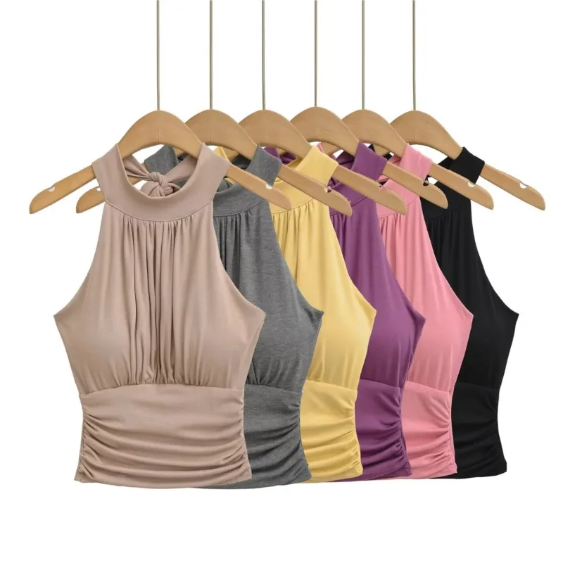 

2025 Women's Sexy Halter Neck Tank Top with Removable Pads Sweet Y2K Crop Top Backless Tie-Strap Design Versatile Outerwear