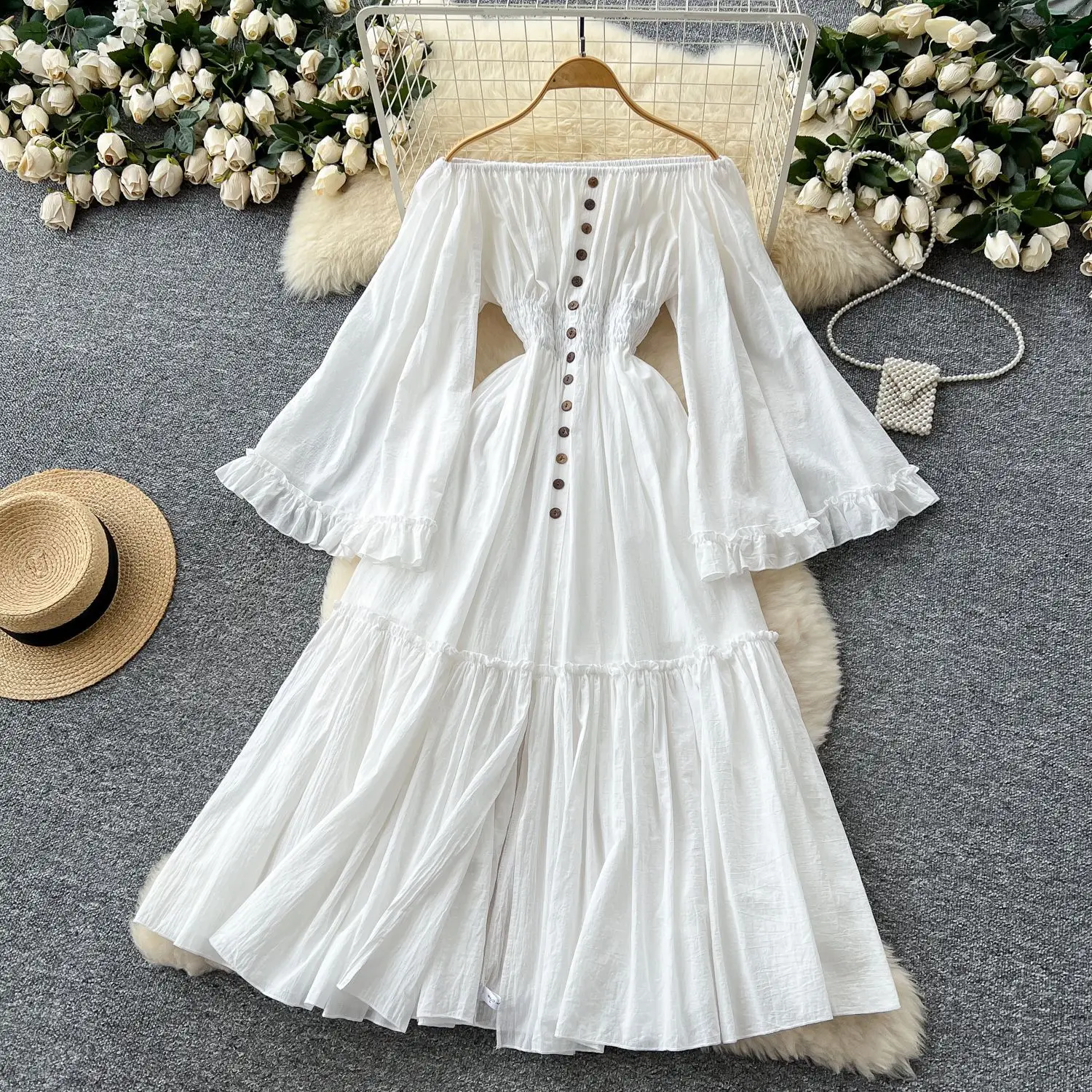 

Long Dress Women Dresses A Line Vestidos Off Shoulder Streetwear Flare Sleeve Elegant Splice Y2k Work High Waist Party 2025