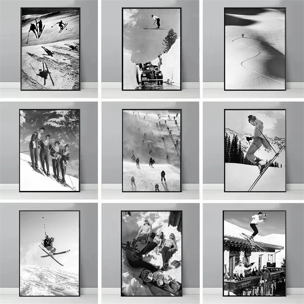 Black And White Vintage Ski Photo Poster Winter Sports Skiing Canvas Painting Skier Jumps Wall Art Print Living Room Home Decor