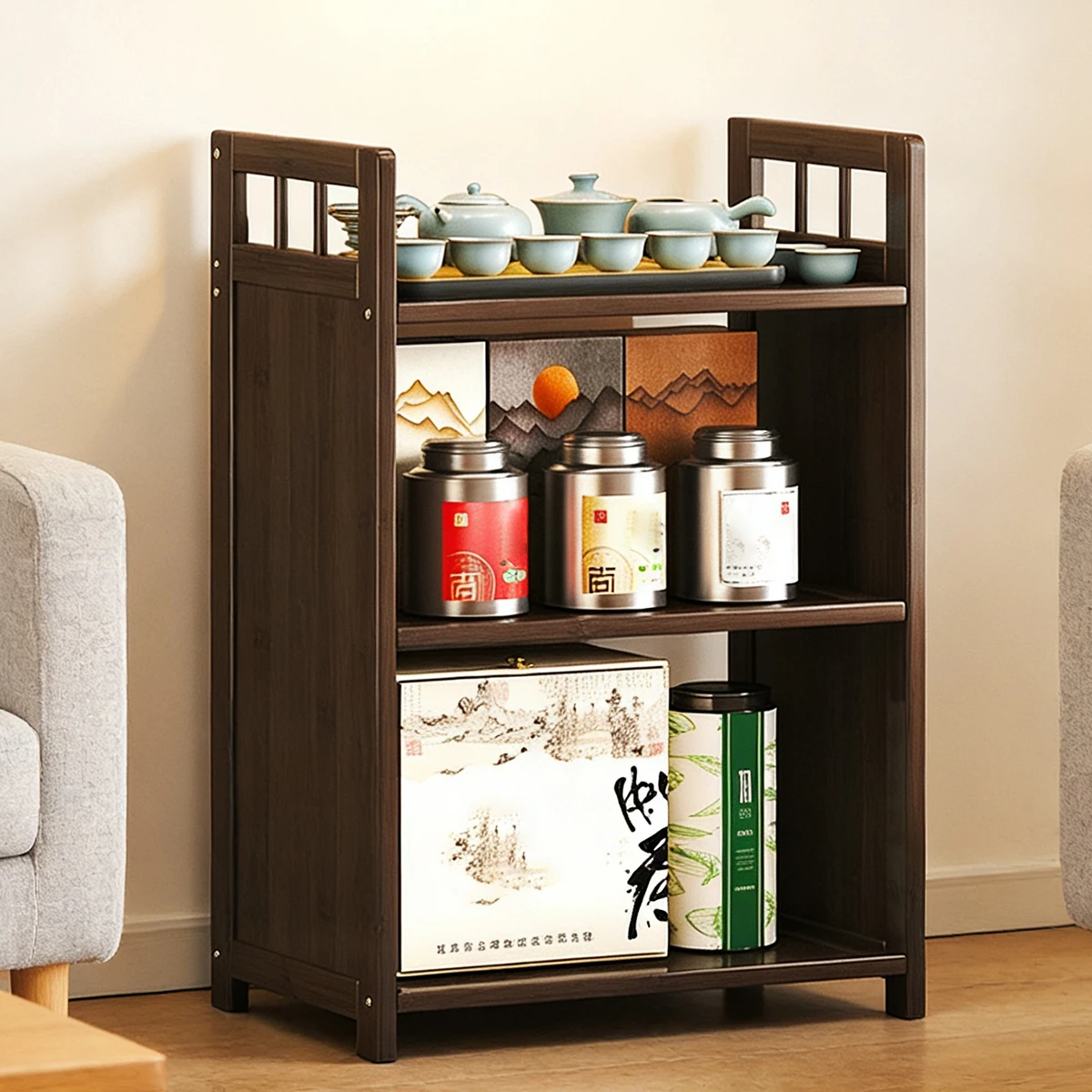 

Бамбуковая многоуровневая подставка для чая — компактный органайзер, идеально подходит для гостиной/чайной комнаты, сухих товаров и мелких аксессуаров