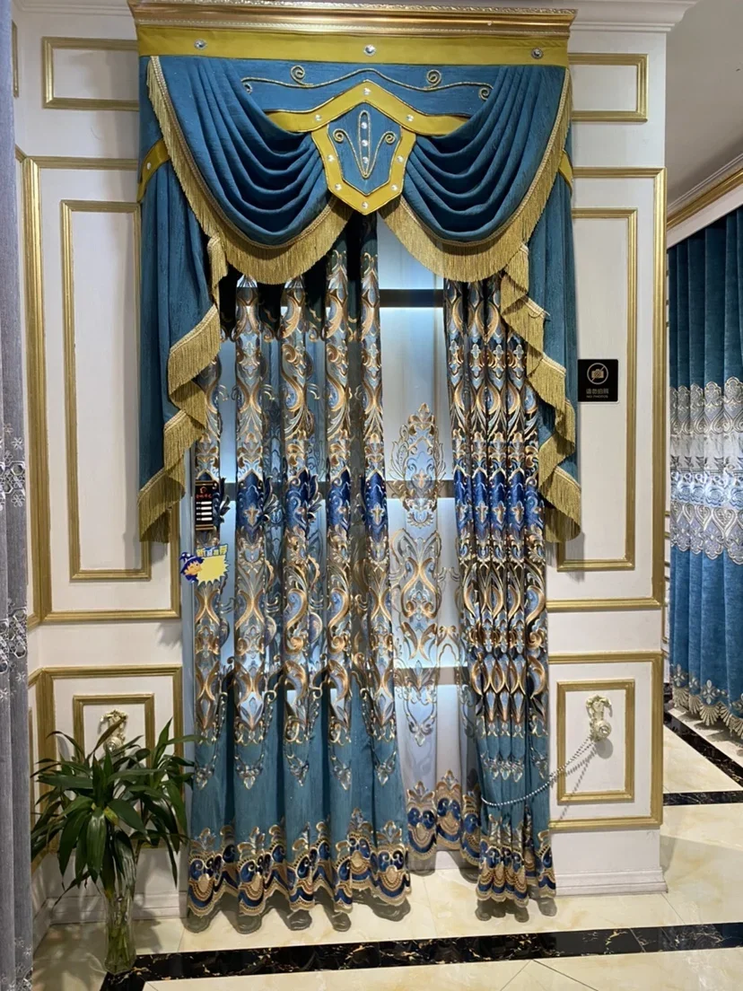 

Luxury European Blue Chenille Embroidery Floor Standing Curtains For Living Room Bedroom Dining Custom Size Retro Print