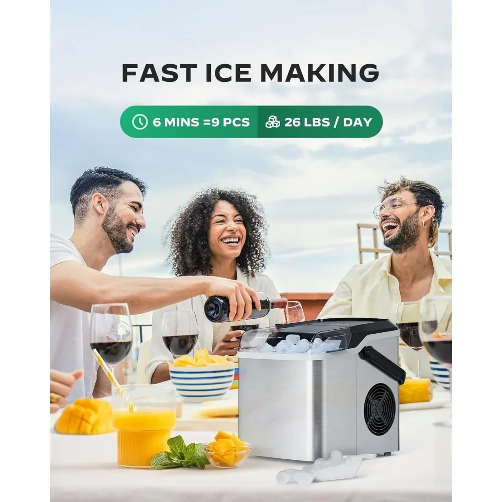 XMSJ Countertop Ice Maker - 9 Cubes Ready in 6 Mins, 26lbs in 24Hrs, Portable Ice Machine with,Ice for Home/Kitchen/Party/RV