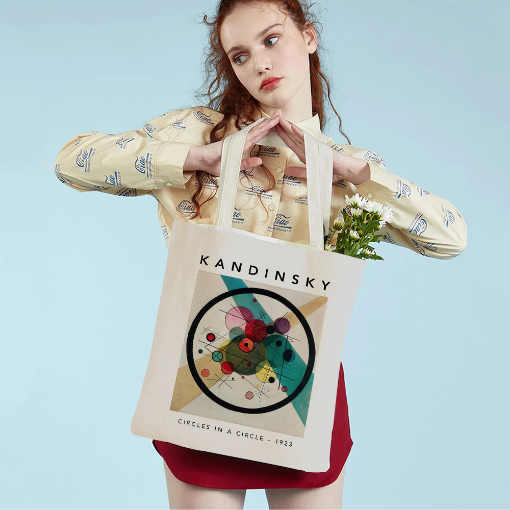 Kandinsky Watercolor Abstract Modular Cat Lady Tote Handbag Canvas Women Shopping Bags Double Print Fashion Shopper Bag