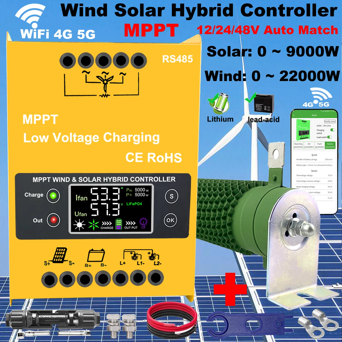 4000W Built WiFi 12V 24V 48V MPPT Hybrid Solar Controller Wind Turbine,With Unloading Load LCD Display, For Lifepo4 Full Battery