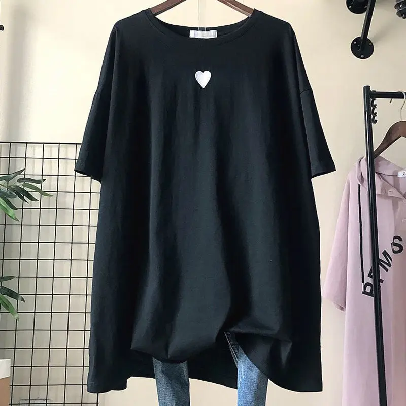 

plus Size Women's T-Shirt Summer Casual Loose Cover up Short Sleeve mid Length Korean Style round Neck Line Body Shape