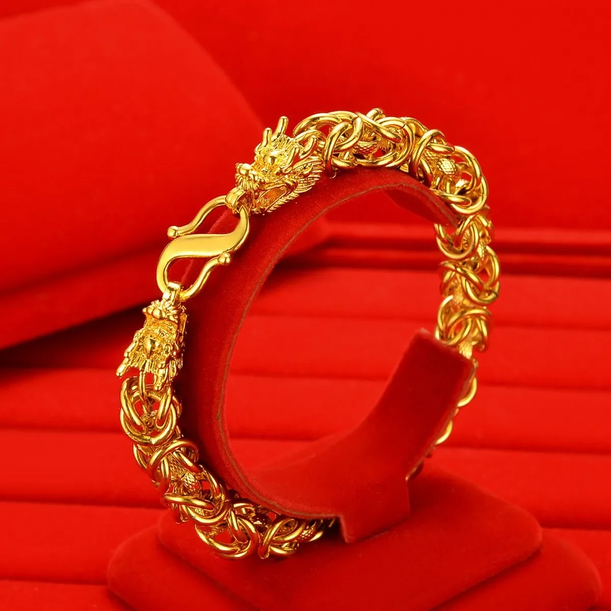 

24K gold real 999 National style retro heritage men's twist weave bracelet transit beads filigree dragon head zodiac string