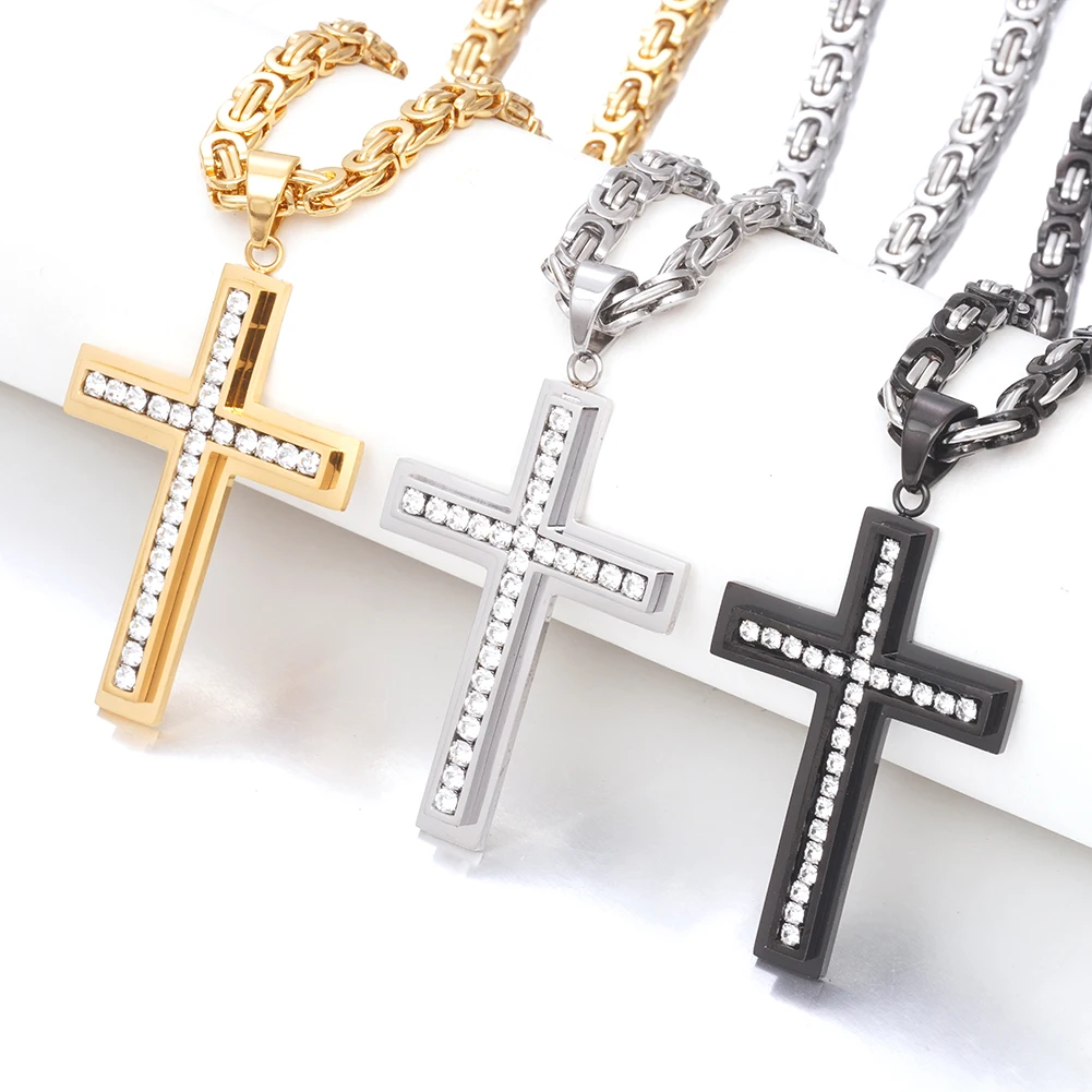 High Quality Silver/Gold/Black Stainless Steel Luxury Zircon Cross Necklace Pendant For Men Women Jewelry Accessories
