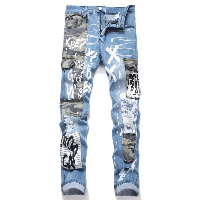 

New 2024 Fashion Camouflage Matching Color Jeans Mid-Waist Hole Three-Dimensional Pocket Men's Printed Casual Pants