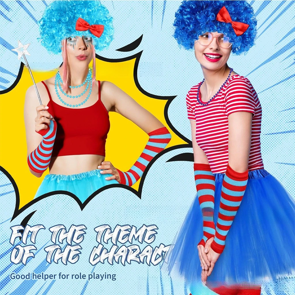 مجموعة أزياء الكرنفال - شعر مستعار أفرو مع فيونكة، سلسلة خرز متصلة، جوارب مخططة لتدفئة الذراع وتنورة توتو، طقم ملابس للحفلات الاحتفالية