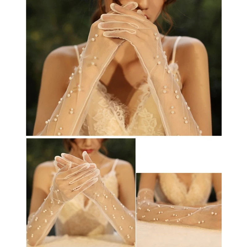 Wedding Gloves Elbow Length Sheer Long White Tulle with Pearls Embellishment