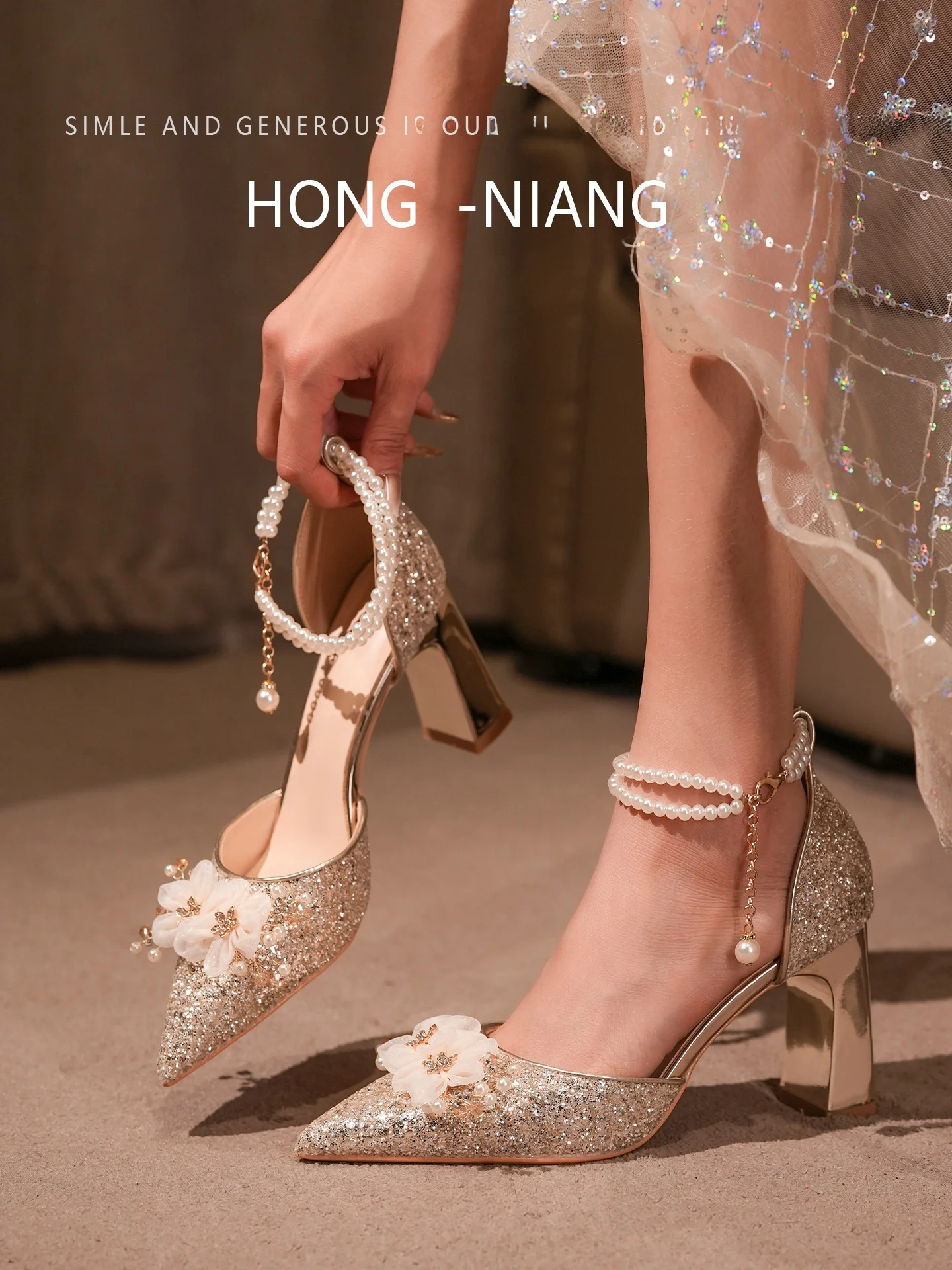 

Crystal Chunky Heel Single oes Sparkling Strap Wedding oes Comfortable High Heels for Women Faionable French Sle Slip-On