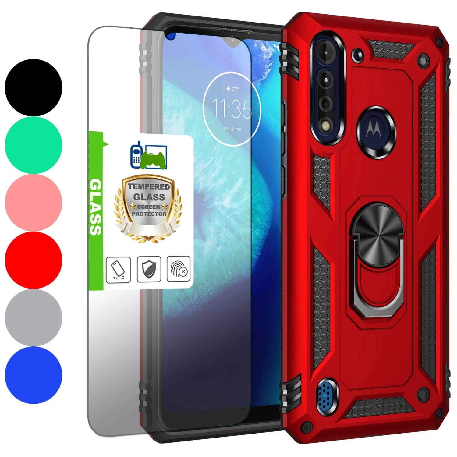 Mobile Phone Case with Magnetic Ring Shockproof Hard Armor Case Ring Holder Cover For Motorola Moto G8 Power Lite+Tempered Glass