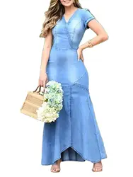 Vintage Women's Dress Denim Short Sleeve Bodycon V-Neck Mermaid Dress Casual Elegant Fashion Summer Women Dress 2024