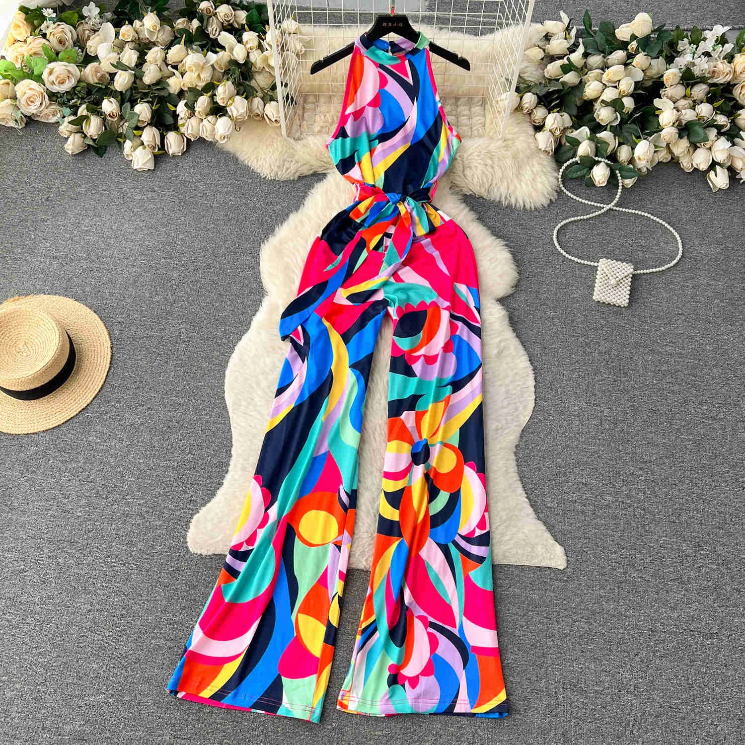 Elegant Multi-color Print Long Jumpsuits for Women Fashion Summer O Neck Sleeveless Slim Wide Leg Full Length One Piece Rompers