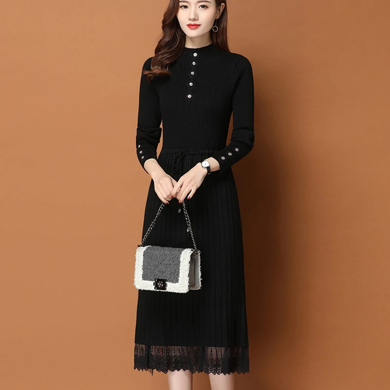 Brown Long Knit Sweater Dress Button Sashes Contrast Lace Patchwork Office OL Party Vestidos Black MIDI Sweater Dress Women 2022