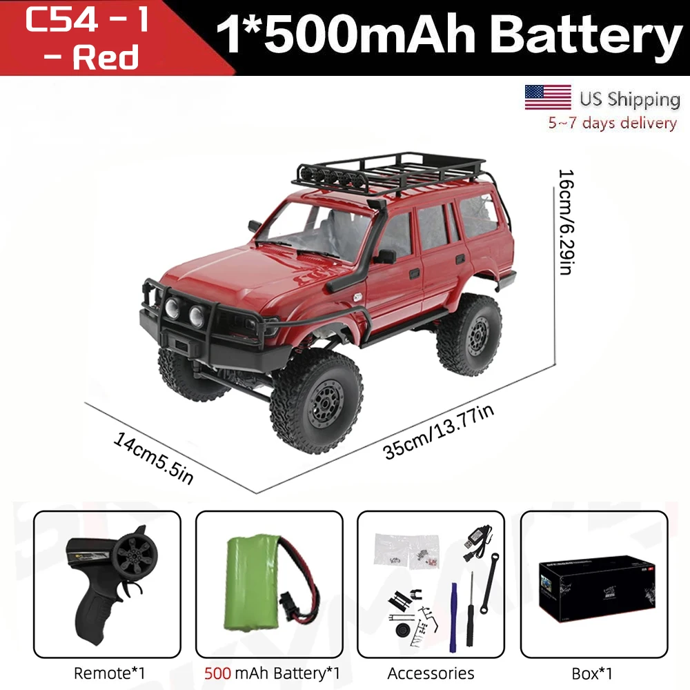 

WPL C54-1 Red Crawler RC Car 1/16 4WD Off-Road Remote Control Truck 2.4G Full Proportional LED Lights Electric Toy Gift for Boys