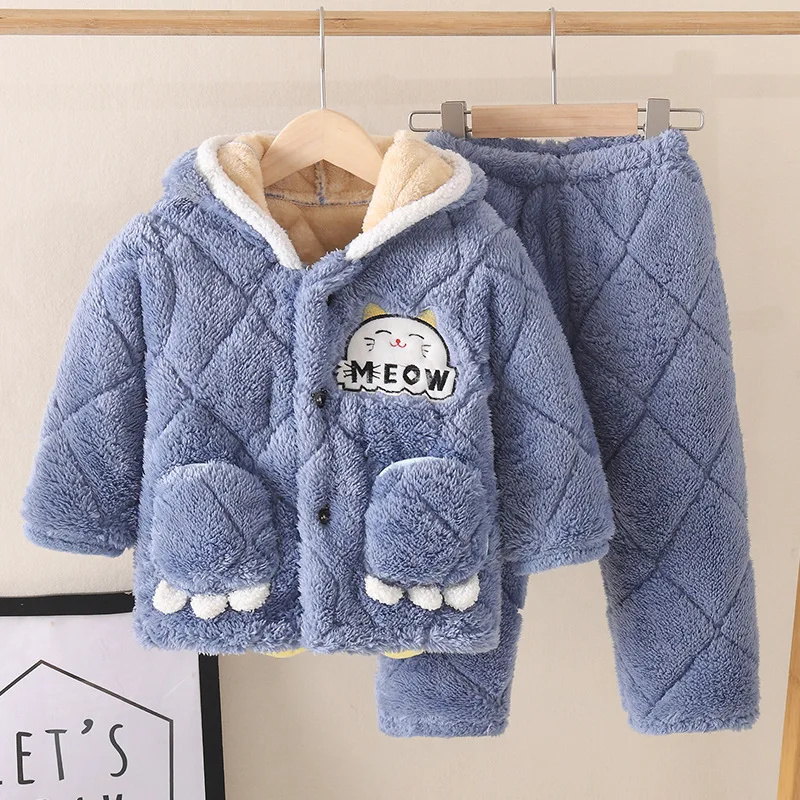 

Kids Winter Cotton-Padded Thicken Warm Soft Flannel Pajamas Sets Baby Cute Cartoon Hooded Sleepwear Boys Girls Casual Pyjamas
