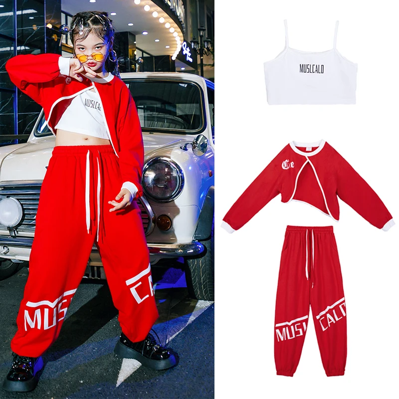 

Red Sweatshirt Jogger Pants For Girls Jazz Dance Costume Kids Performance Hip Hop Clothing Street Wear Kpop Outfits XS7209