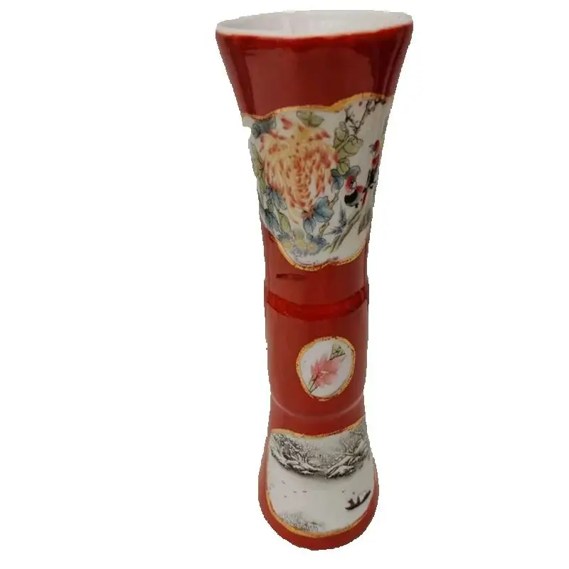 Chinese Old Porcelain Vase ,with red background Flowers and birds Chart  Decorative Pottery Artwork Collectible