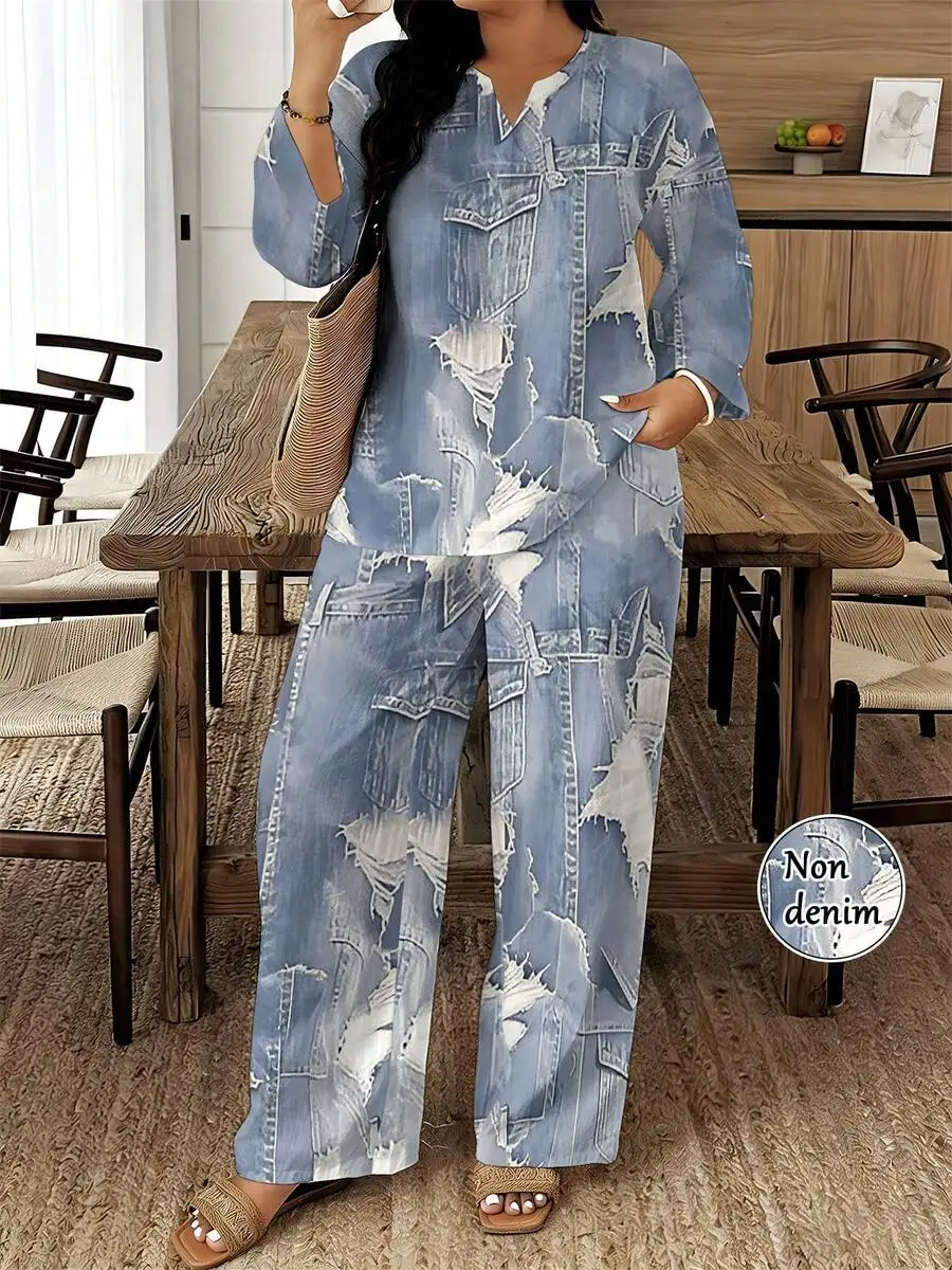 

Light Blue Distressed Denim-Printed Woven Two-Piece Set For Women, Loose Casual Summer Wear, Non-Denim Fabric