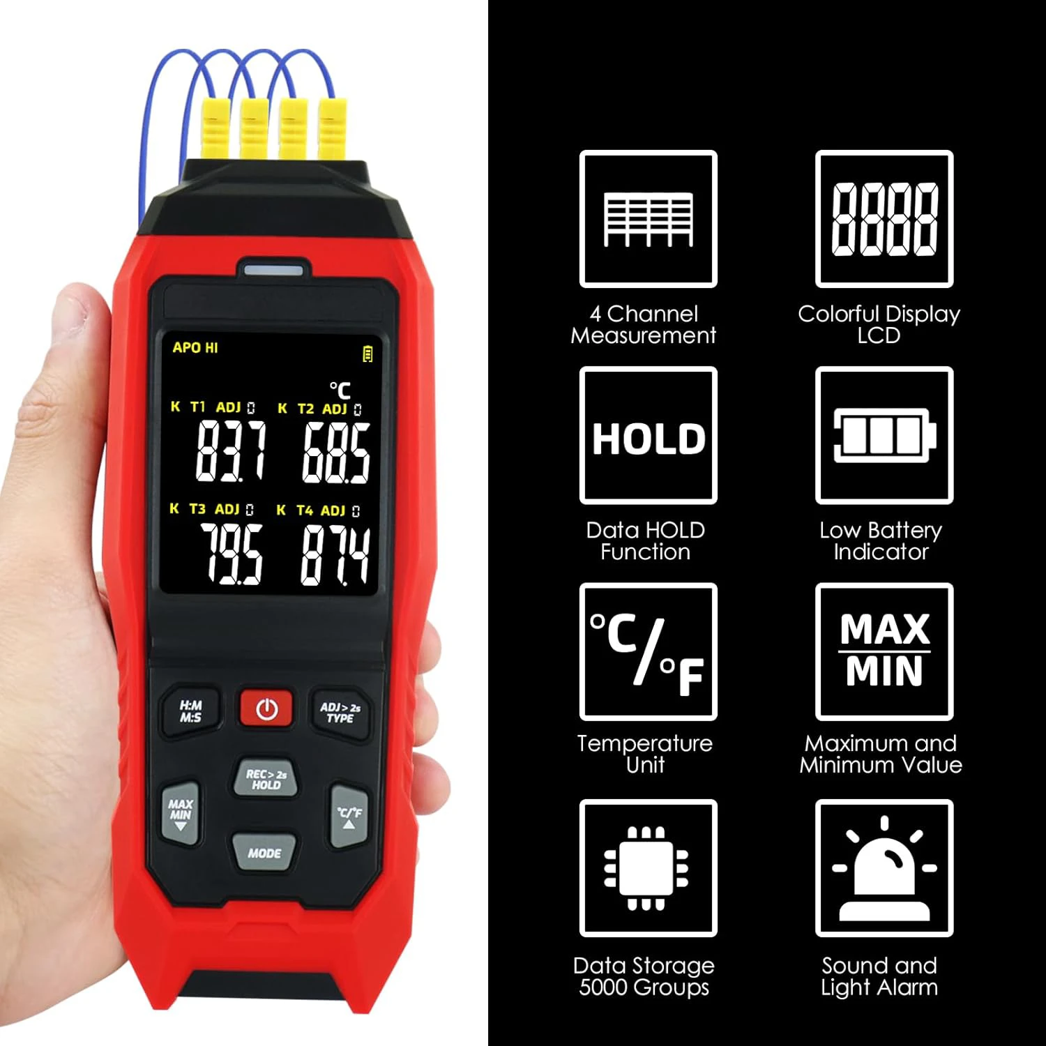 4-Channel K-Type Thermocouple Thermometer, -328 to 2502°F HVAC Thermometer with Color Dual Display, USB Data Export