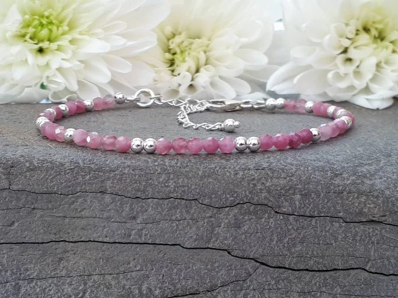 Pink tourmaline bracelet sterling silver with optional personalised heart tag. October birthstone gift.