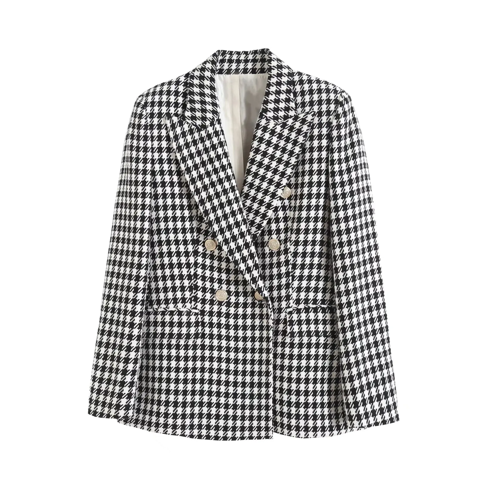 

Autumn 2023 Women's Plaid Double-Breasted Suit Jaet Faionable Versatile Polyester Long Sve Loose Fit Regular Length