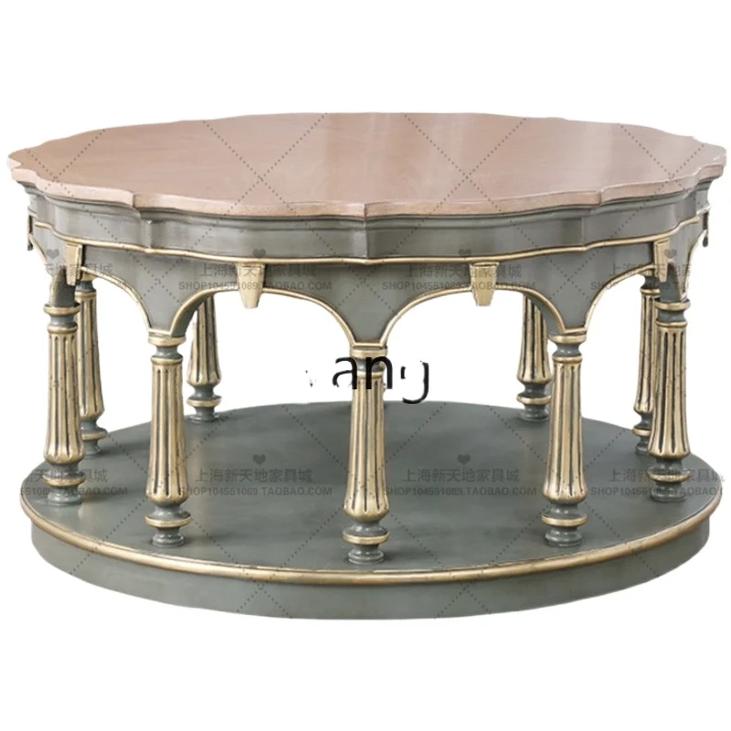 LXL round Solid Wood Retro Coffee Table Modern Living Room Carved Antique Distressed Tea Table