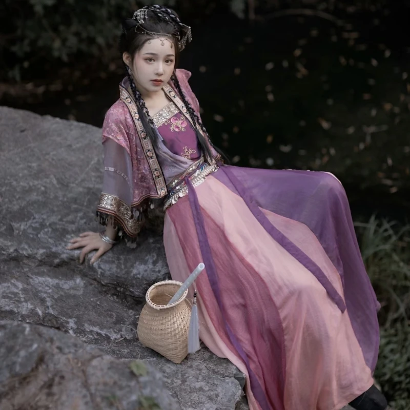 Hanfu الأرجواني الشيفون فستان طويل للنساء ، الدانتيل التطريز مع شرابة ، رائعة تنورة قصيرة ، الصيف ضوء ، تنفس النمط الصيني