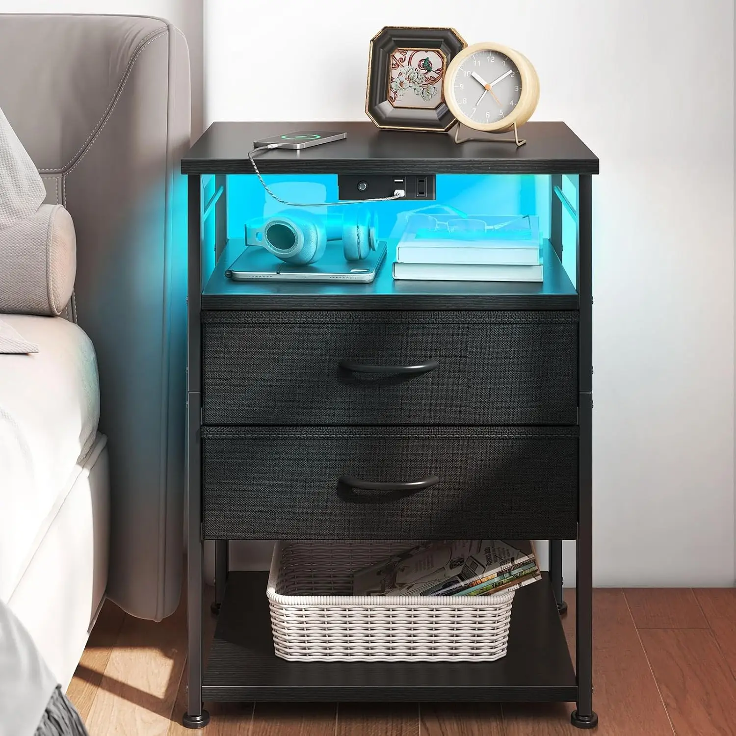 

LED Lights, 27.6" Tall Bedside Table With 4-Tier Storage, 2 Fabric Drawers & 2 Open Shel