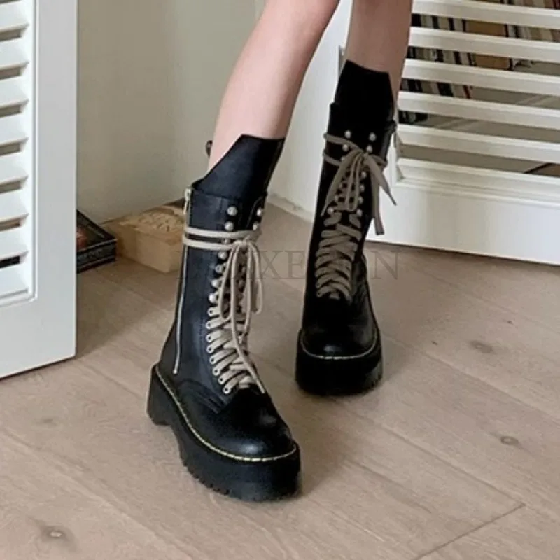 Genuine Leather Women Round Toe Thick Sole Mid Length Motorcycle Boots with Straps Punk Style Short Boots Casual Versatile