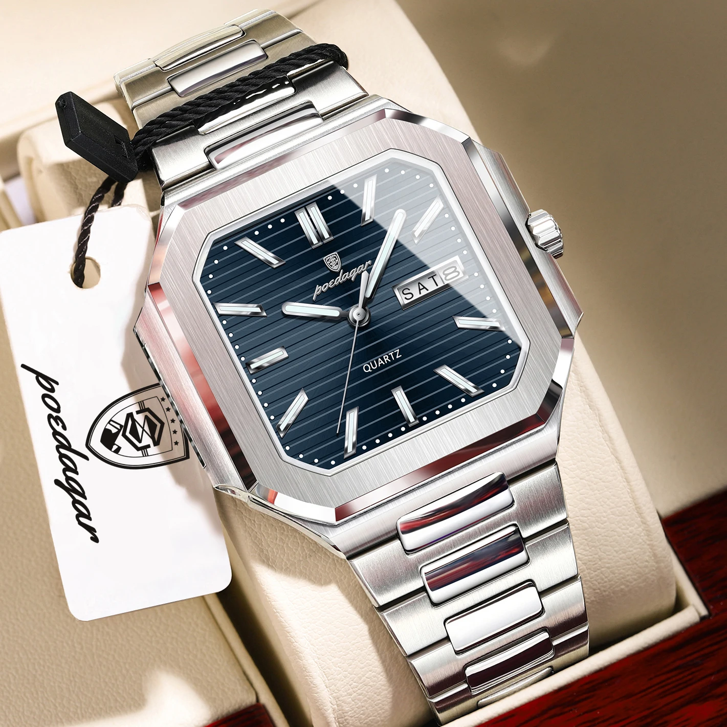 POEDAGAR Top Original Herrenuhr Leuchtend Wasserdicht Datum Wochentag Quarz Herren Armbanduhr Edelstahl Quadratisch Modische Herrenuhren
