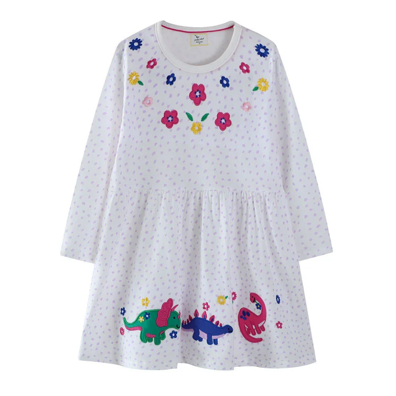 

Jumping Meters 2-7T Long Sleeve Dinosaurs Embroidery Princess Girls Dresses Party Kids Costume Autumn Winter Toddler Clothing