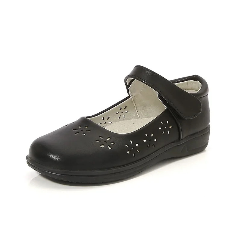 Kids Leather Shoe Cut-outs Causal Black School Girl Shoes for Performance Princess Fashion Versatile Children Uniform Flat Shoes