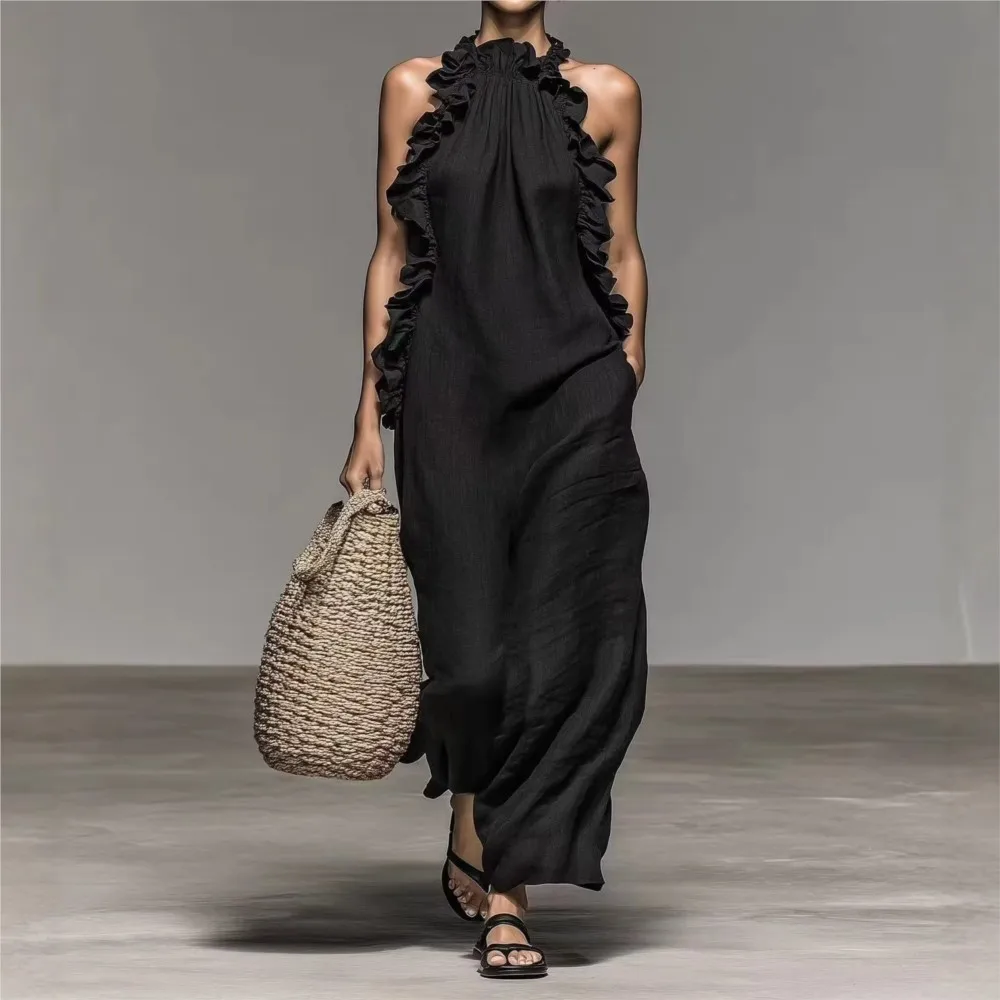 

Halterneck Ruffled Sleeveless Dress Summer Women's Solid Color Casual Loose Long Dress With Pockets Платье Женское Ropa Mujer