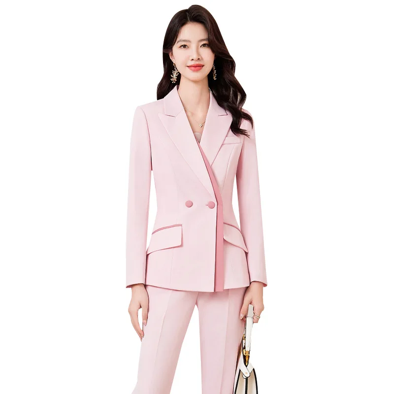 2025 dames Blazer et pantalon costume mode rose blanc Blazer femmes bureau affaires travail veste manteau pantalon femme 2 pièces ensemble