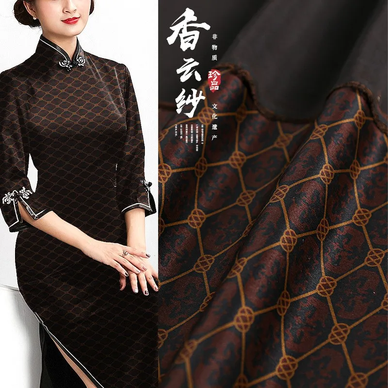Printed heavy satin silk xiangyunsha handcrafted fabric for cheongsam clothing