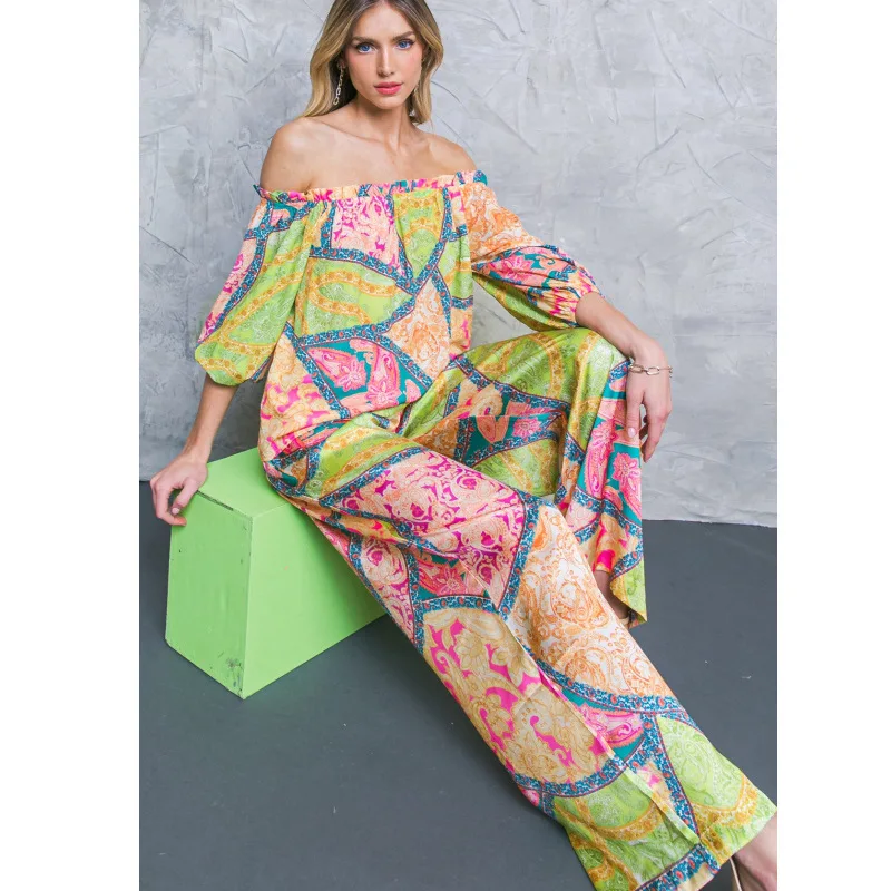 

New fashion printed off-the-shoulder top high-waisted wide-leg pants two-piece set simple and versatile temperament elegant holi