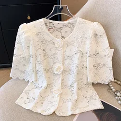 French Hollow Out Hook Flower Lace Shirt Women New Summer Korean Fashion O-Neck Diamonds 3D Floral Short Sleeve Blouse Chic Tops