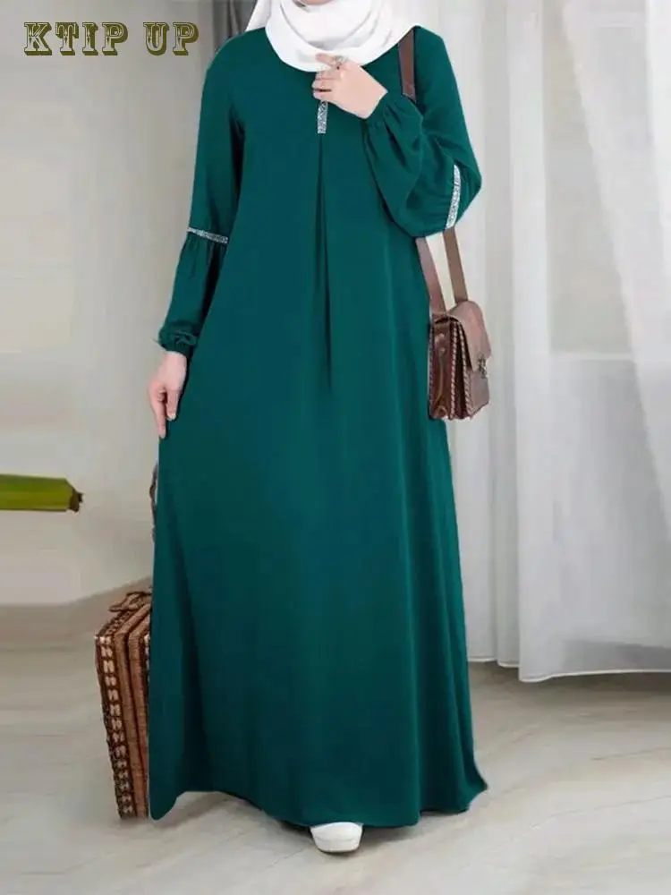 Middle East Dubai Arab Fashion Long Sleeved Muslim Morocco Abaya Dress Casual Sequin Sun Dress Solid Robe Clothing Maxi Dresses