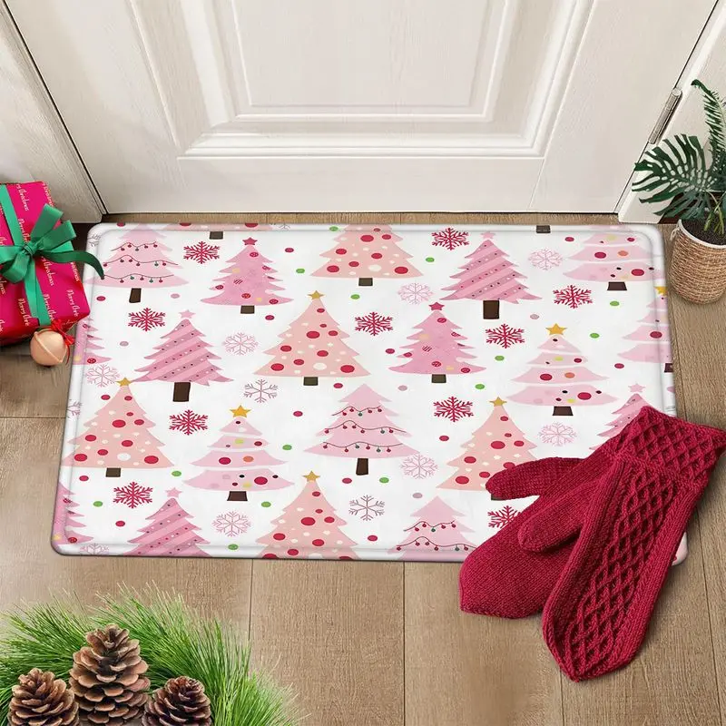 VIKAMA Pink Christmas Tree Doormat Cute Pastel Tree Pattern Snowflakes Welcome Mat Entryway Rug Girls Room Xmas Decor